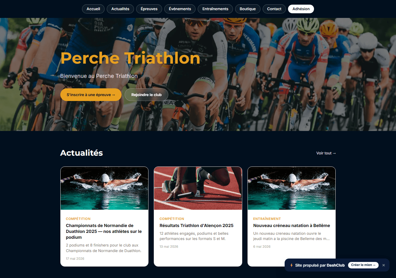 Page d'accueil du club Perche Triathlon affichant le calendrier des épreuves 2026